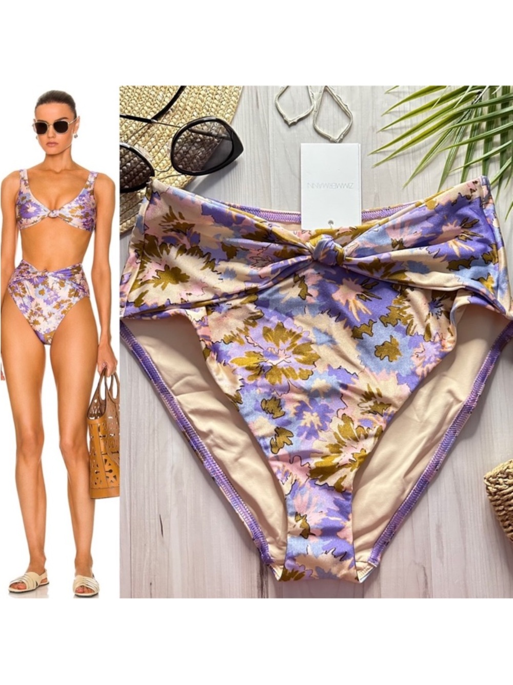 Zimmermann High Waisted Floral Knot Bikini Bottoms - Olive, Pink, Lilac - Picture 12 of 13